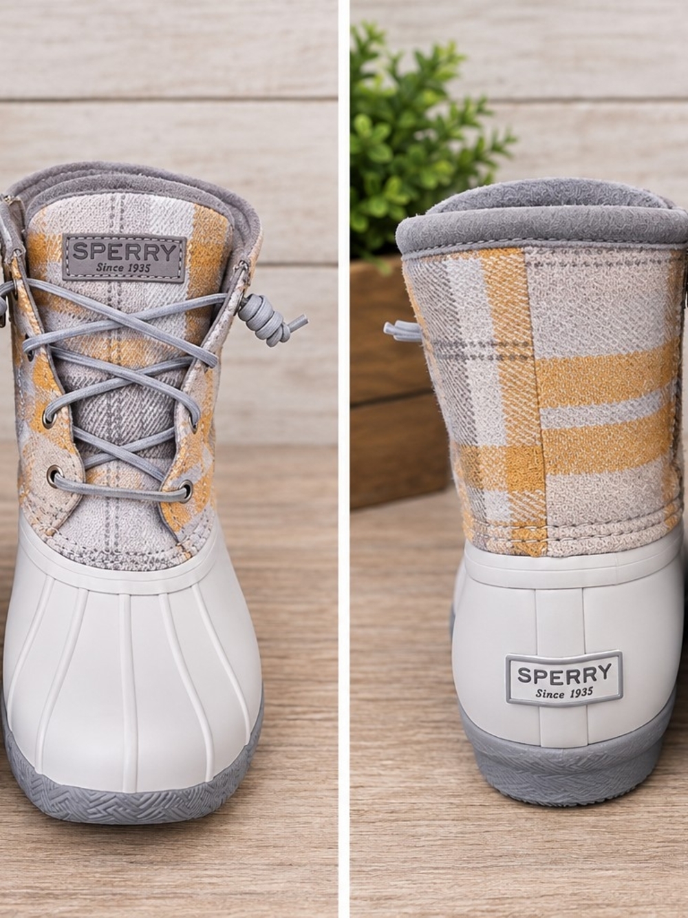 Sperry Women Gray & Mustard Plaid Waterproof Duck Boots
